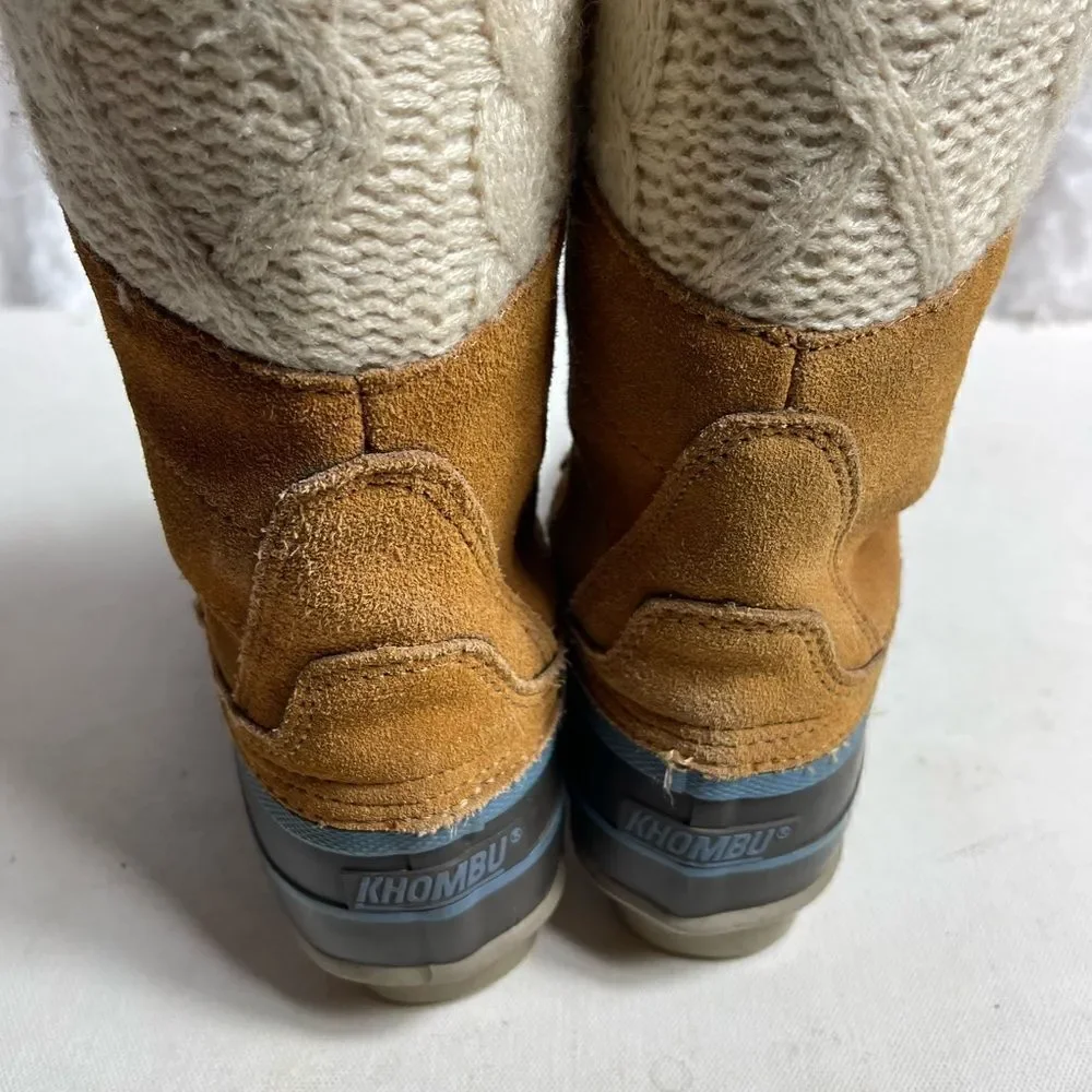 KHOMBU  Cozy brown leather suede,navy blue rubber & beige knit lace up boots SZ7